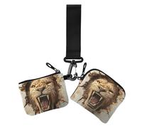 3d Cracked Hole Angry Animal Lion Women's Change Wallet Card Cases Minimalist Coin Purse Wallet Bag with Keychain for Lady 2 Pcs, 3D cracked hole angry animal lion, One Size, Casual