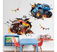 3D Crazy Racing Wall Decals, Truck Vehicles Wall Stickers Ball Games Peel and Stick Decal Self Adhesive Sticker for Boys Kids Room Home Decor