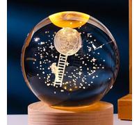 3D Crystal Ball LED Night Light with Wood Base, 2.36inches (6cm), Moon, Galaxy, Saturn Night Light, Kid’s Bedroom Decor, Desk Decor (Astronaut Moon Landing)