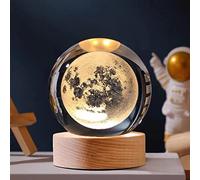 3D Crystal Ball Night Light, 3D Planets Crystal Ball with Wooden Base, Space Galaxy Crystal Ball, 3D Glowing Planetary Galaxy Astronaut Ball Night Bedside Night Lamp Decors for Home Gift (Moon)