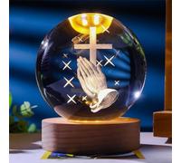 3D Crystal Jesus Holy Family Statue Figurine,2.36in Crystal Ball Holy Family Statue Catholic with Wooden Base,Glass Religious Gift Sphere for Room with Warm Light Crucifix Catholic Presents (A)