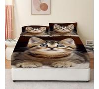 3D Cute Cat Double Fitted Sheet Children Printed Bed Sheets 30 cm Deep Fitted Sheets Soft Microfiber Bedding 120x190 cm with 2 Pillowcases for kids and aldults C.L320