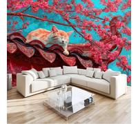 3D Cute Eaves Flower Branches Kitten Non-Woven Wallpaper Mural 350 x 256 cm, Green Large Wall Coverings, Paste the Wall for Girls Boy Bedroom Nursery Teenagers Playroom Home Decor