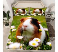 3D Cute Guinea Pig Double Fitted Sheet Flowers Printed Bed Sheets 30 cm Deep Fitted Sheets Soft Microfiber Bedding 120x190 cm with 2 Pillowcases for kids and aldults C.L495