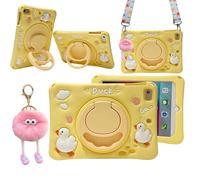 3D Cute Press Duck Case for iPad Air 1st 2nd/iPad Pro 2016/iPad 5th 6th 9.7 inch,Kawaii Cartoon Character Duck Soft Silicone Rotating Stand Case with Lanyard for Kids Teens Girls Women