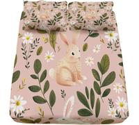 3D Cute Rabbit Single Fitted Sheet Flowers Printed Bed Sheets 30 cm Deep Fitted Sheets Soft Microfiber Bedding 80x200 cm with 2 Pillowcases for kids and aldults 121-LK
