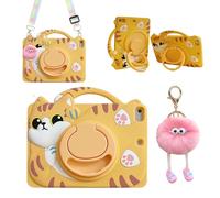 3D Cute Vivid Cat Case for iPad Air 1st 2nd/iPad Pro 2016/iPad 5th 6th 9.7 inch,Kawaii Cartoon Character Pretty Cat Soft Silicone Rotating Stand Case with Lanyard for Kids Teens Girls Women
