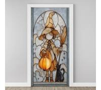 3D Cute Witch Cat Jack-O-Lantern Door Sticker, Stained Glass Embossing Mural, Cartoon Wallpaper Self-Adhesive Removable PVC Door Decal for Bedroom Living Room Home Decor Wall Murals 85x215 cm O4d62