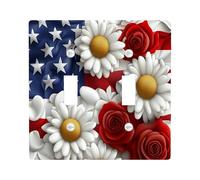 3D Daisy 4th of July Decorative Switch Cover 2 Gang Double Toggle, America Independence Day Wall Plate Cover, Standard Size, USA Holiday Electrical Faceplate for Bedroom Living Room Decor