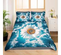 3D Daisy Single Duvet Cover Set Blue Sky and Flowers Single Bedding Sets Warm Comfort Microfiber Quilt Cover 135x200 cm with 2 Pillowcases for Boys Girls Bedroom D-1657