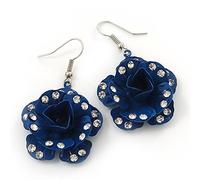 3D Dark Blue Diamante Rose Drop Earrings - 5cm Length