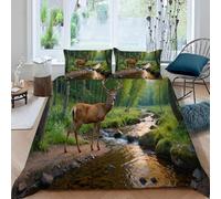 3D Deer Double Duvet Cover Sets Rivers Trees Double Bedding Set Warm Comfort Microfiber Quilt Cover Size 200x200 cm with 2 Pillowcases 50×75 cm D-1011
