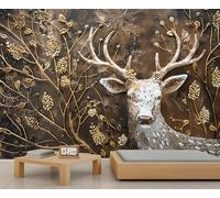 3D Deer Mural Light Luxury Retro Wallpaper Golden Flower Branches Wall Mural Giant 3D Wallpaper Commercial Scale Coffee Shop Lounge Gallery (Non-self-Adhesive)