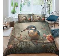 3D Design Comfy Microfibre Kingfisher perched Quilt Cover All Season Bedding Sets with Pillow Cases floral nature art Duvet Cover Easy Care Machine Washable for Couples Super king（260x220cm）