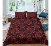 3D Design Cosy Microfibre Red floral pattern Quilt Cover Sets Soft Bedding Set with Pillow Cases Vintage ornamental Bedding Quilt Cover All Season Machine Washable for Home Decor Single（135x200cm）