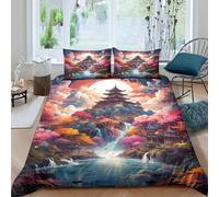 3D Design Easy Care Microfibre Japanese temple Duvet Cover Breathable Bedding Sets with Pillowcases Fantasy landscape art Duvet Cover Sets All Season Machine Washable for Couples Single（135x200cm）