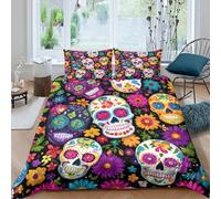 3D Design Easy Care Microfibre sugar skulls Duvet Cover Breathable Bedding Set with Pillow Cases colorful folk art Bed Quilt Cover All Season Soft Machine Washable for Boys Girls Kids King（220x240cm）