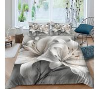 3D Design Easy Care Microfibre White lily flowers Duvet Cover Breathable Bedding Sets with Pillowcases Botanical art style Duvet Cover Sets All Season Machine Washable for Couples King（220x240cm）