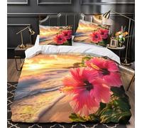 3D Design Printed 3 Pcs Bedding Set Tropical Sunset Beach Duvet Cover Bed Decor Breathable Anti-allergic for Children,Teenagers,Youth vibrant Hibiscus Floral Comforter Cover Single（135x200cm）
