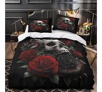 3D Design Printed 3-Piece Bedding Set Bed Decor Hidden Zipper Super Skull with Snake Quilt Cover Durable Wrinkle-Resistant for Adults,Kids,Teenagers Gothic Floral Duvet Cover Single（135x200cm）