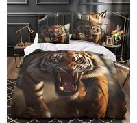 3D Design Printed 3-Piece Bedding Set Room Decor Zipper Closure Design Fierce Tiger Roar Quilt Cover Breathable All Season for Adults,Kids,Youth Wild Animal Action Duvet Cover Double（200x200cm）