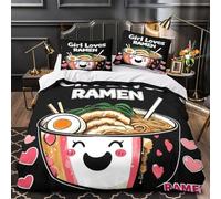 3D Design Printed 3-Piece Bedding Set Room Decor Zipper Ultra Soft Ramen Bowl Cute Comforter Cover Durable Easy Care for Children,Teens,Women Japanese Food Coon Quilt Cover Single（140x200cm）