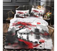 3D Design Printed 3 Pieces Bedding Set Bedroom Decor Design Red Cherry Tree Comforter Cover Easy Care Machine Washable for Teens,Youth,Boys Japanese Ink Painting Quilt Cover Super king（260x220cm）