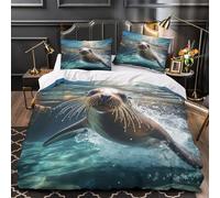3D Design Printed 3 Pieces Bedding Set Home Decor Extra Sea Lion Swimming Duvet Cover Hypoallergenic Machine Washable for Children,Youth,Women Wild Marine Animal Comforter Cover Single（135x200cm）