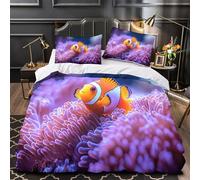3D Design Printed 3PCs Bedding Set Bedroom Decor Super Clownfish near Coral Comforter Cover Durable Machine Washable for Teens,Women,Boys Underwater Marine Life Quilt Cover Single（135x200cm）