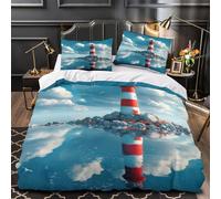 3D Design Printed 3PCs Bedding Set Home Decor Zipper Super Soft Lighthouse Seaside Quilt Cover Durable Anti-allergic for Adults,Women,Children Coastal Scenic Duvet Cover Super king（260x220cm）