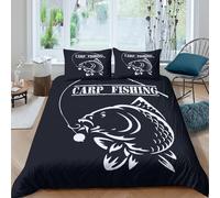 3D Design Ultrasoft Microfibre Carp Fishing Bed Quilt Cover All Season Bedding Sets with Pillow Cases Stylized Fish Art Duvet Cover All Season Machine Washable for Home Decor Single（135x200cm）