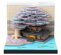 3D Desk Note Pad, Creative Memo Pad with LED Lights Pen Holder, Tear-Away 3D Art Note Pad DIY 3D Memo Pad Paper Carving Art for Home Office Christmas Desktop Decoration (Purple Tree House)