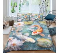 3D Digital Print All Season Microfibre Koi Fish Quilt Cover Sets Breathable Bedding Set with Pillow Cases Watercolor Garden Duvet Cover Easy Care Machine Washable for Home Decor Single（135x200cm）