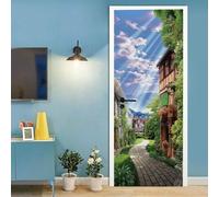 3D DIY Self-Adhesive Interior Door Stickers- Small Town Street View 90 X 200 Cm -Peel and Stick 2Pc Door Wall Decal Murals PVC Waterproof Removable Door Wallpaper Living Room Boy Girl -53359331357123