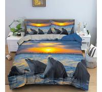 3D Dolphin Bedding Set Dolphins Jumping On the Water Surface Landscape Duvet Cover Tropical Sea Hawaii Colorful Sunset Comforter Set Sea Animal Bedroom Decor 3Pcs (Color 4,King:220x240cm(3Piece))