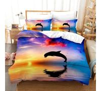 3D Dolphin Bedding Set Dolphins Jumping On the Water Surface Landscape Duvet Cover Tropical Sea Hawaii Colorful Sunset Comforter Set Sea Animal Bedroom Decor 3Pcs (Color 1,King:220x240cm(3Piece))