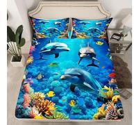 3D Dolphin Single Fitted Sheet Ocean Theme Printed Bed Sheets 30 cm Deep Fitted Sheets Soft Microfiber Bedding 90x190 cm with 2 Pillowcases for kids and aldults C.L766