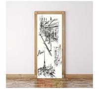 3D Door Art Hand Drawn Paris Style Street Scene 90X200Cm Removable Door Decals, PVC Self-Adhesive Waterproof Door Murals Stickers for Interior, Bedroom Living Room Bathroom Kitchen House Decoration