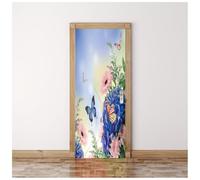 3D Door Art, Waterproof Removable Mural Door Stickers, Self-Adhesive Blue Butterfly Dancing On Flowers 77X200Cm Wallpaper, Door Decals for Room Bedrooms Bathroom Toilet Home Art Poster Decoration