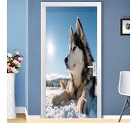 3D Door Mural 77x200 cm Cute Husky Self Adhesive Removable PVC Door Sticker Light Blue Stickers for Interior Doors Bedroom Living Room Bathroom House Decoration