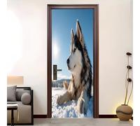 3D Door Mural 88x200 cm Cute Husky Self Adhesive Removable PVC Door Sticker Light Blue Stickers for Interior Doors Bedroom Living Room Bathroom House Decoration