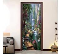 3D Door Mural 88x200 cm Mountains, Rivers, Streams and Florals Self Adhesive Removable PVC Door Sticker Colorful Stickers for Interior Doors Bedroom Living Room Bathroom House Decoration