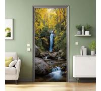 3D Door Mural 90 x 200 cm Peel and Stick Removable Vinyl Door Decals for Home Decor, Rustic Self-Adhesive Door Stickers for Living Room Bedroom Bathroom, Nature Landscape Waterfall Jungle Trees