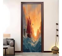 3D Door Mural 95x215 cm Abstract Watercolor Sailing Ship Self Adhesive Removable PVC Door Sticker Orange Color Stickers for Interior Doors Bedroom Living Room Bathroom House Decoration