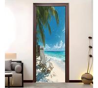 3D Door Mural 95x215 cm Beach Vacation Theme Self Adhesive Removable PVC Door Sticker Blue Stickers for Interior Doors Bedroom Living Room Bathroom House Decoration