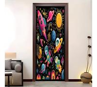 3D Door Mural 95x215 cm Cartoon Space Theme Self Adhesive Removable PVC Door Sticker Colorful Stickers for Interior Doors Bedroom Living Room Bathroom House Decoration