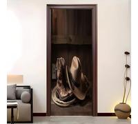 3D Door Mural 95x215 cm Western Cowboy Themed Patterns Peel and Stick Self-Adhesive PVC Door Sticker Wood Grain for Bedroom Removable Vinyl Wall Decoration Art for Living Room TV