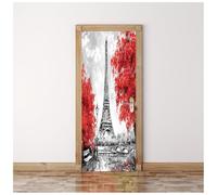3D Door Mural Red Maple Leaves Surround The Eiffel 95X215Cm Waterproof Removable Art Door Stickers Kids Girls Boys Room Bedrooms Bathroom Toilet Home Decoration Decal Art Poster Wallpaper Removable