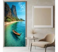 3D Door Mural Sea Scenery Boat Door Stickers Interior, Wall Art Wallpaper Blue-Green Self-Adhesive Removable Vinyl Decals - for Bedroom Living Room Office Decoration 90x200 cm