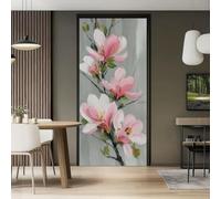 3D Door Mural Sticker for Interior Doors, Waterproof Self-Adhesive PVC Door Stickers - Modern Minimalist Floral Botanical Magnolia Leaves Oil Painting Stickers for Bedrooms Living Room, 88 x 200 cm